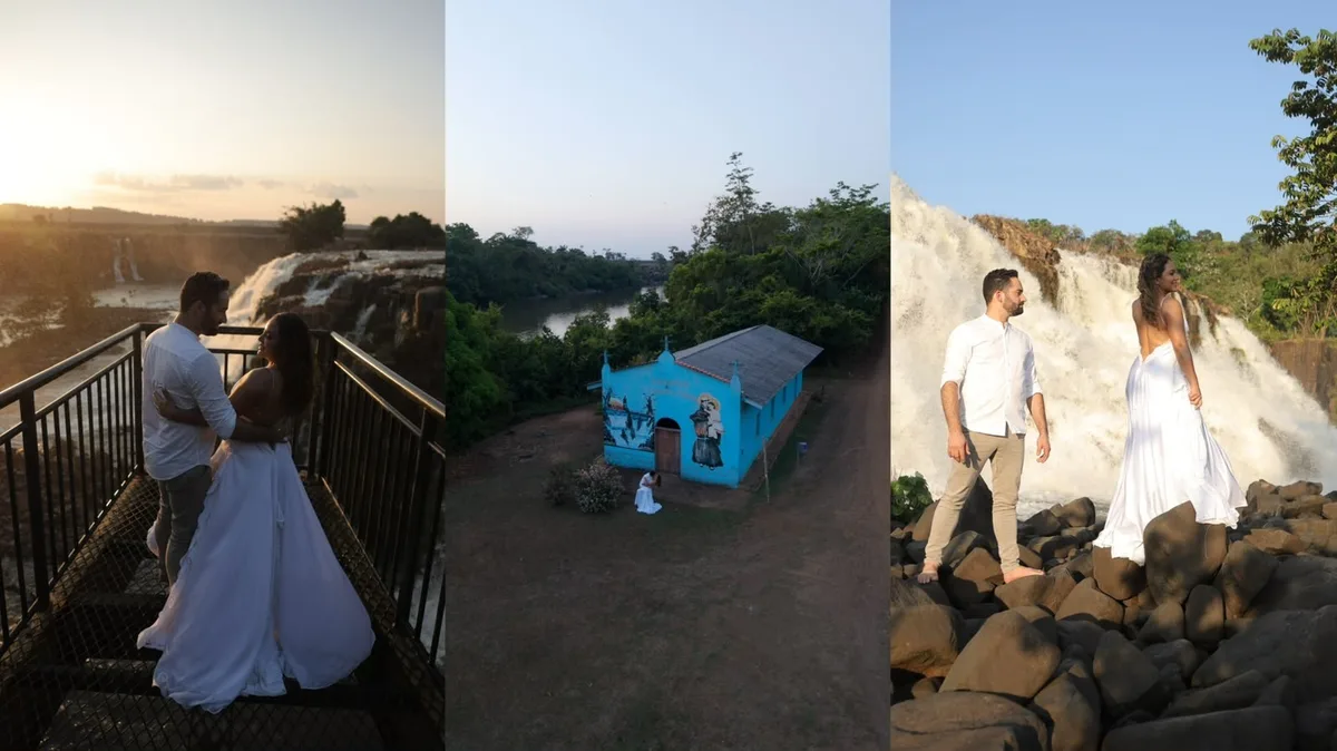 Após um ano de união ao nascer do sol na Fortaleza, casal renova votos em cachoeira paradisíaca no AP