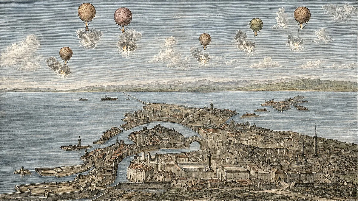 Em agosto de 1849 a morte choveu sobre Veneza. Ocorreu o primeiro bombardeamento aéreo da história