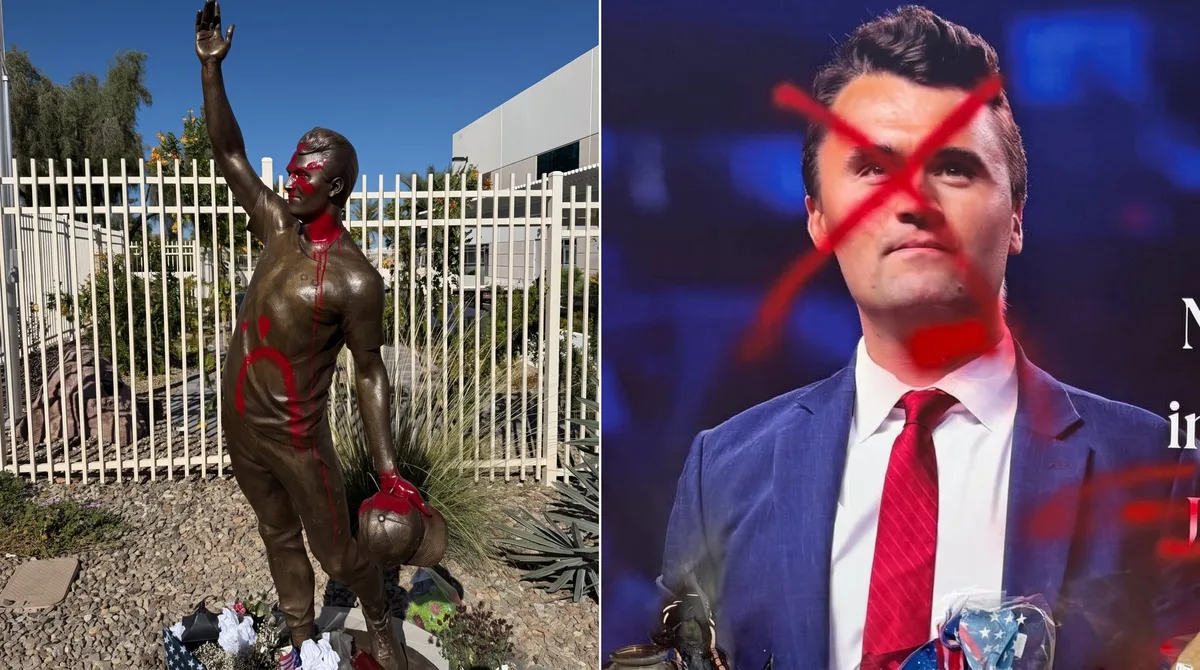 Vandalizan la estatua de Charlie Kirk a tres días de su inauguración en Phoenix: rocían pintura roja, tachan a Jesús y escriben "Satán"
