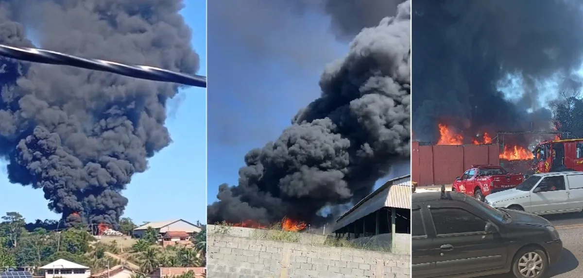 Galpão de reciclagem pega fogo e levanta torre de fumaça em Saquarema; VÍDEO