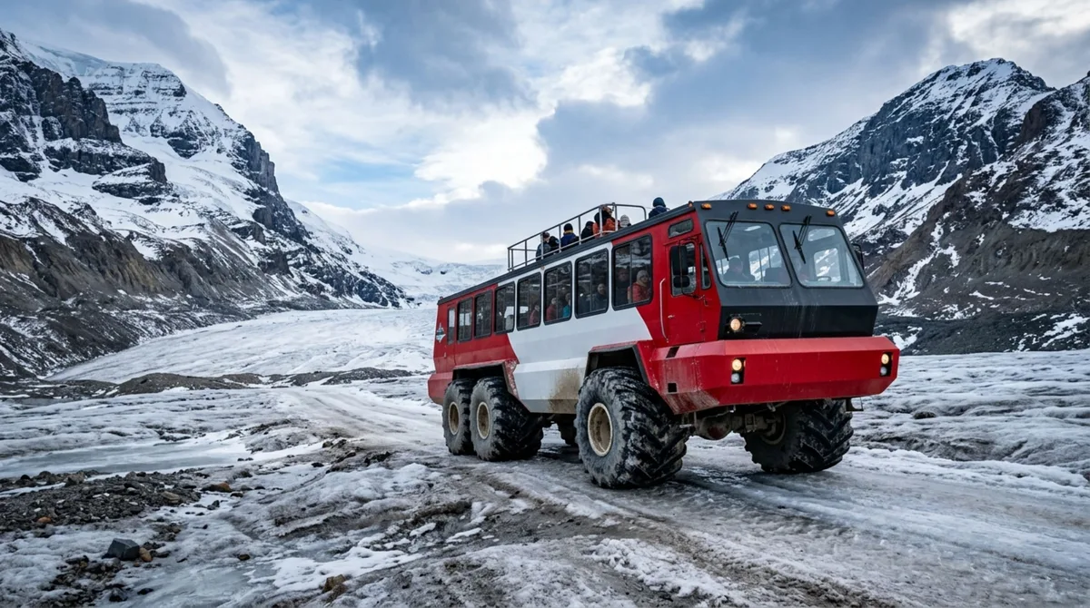 O ônibus monstro de quase 15 metros com seis pneus gigantes criado para levar turistas até uma geleira no Canadá