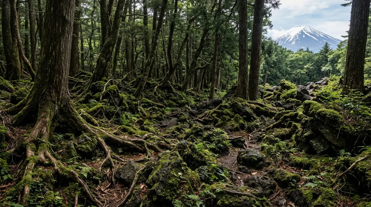 Ao pé de uma montanha do Japão existe uma floresta tão densa que antigas trilhas desaparecem entre raízes, cavernas e formações de lava criadas por erupções ocorridas há séculos, tornando a orientação muito mais difícil do que parece olhando um mapa