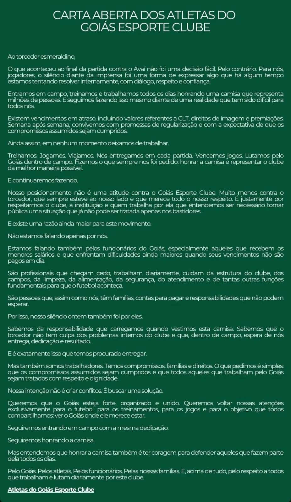 Comentarista elogia protesto silencioso do elenco e analisa crise financeira do Goiás