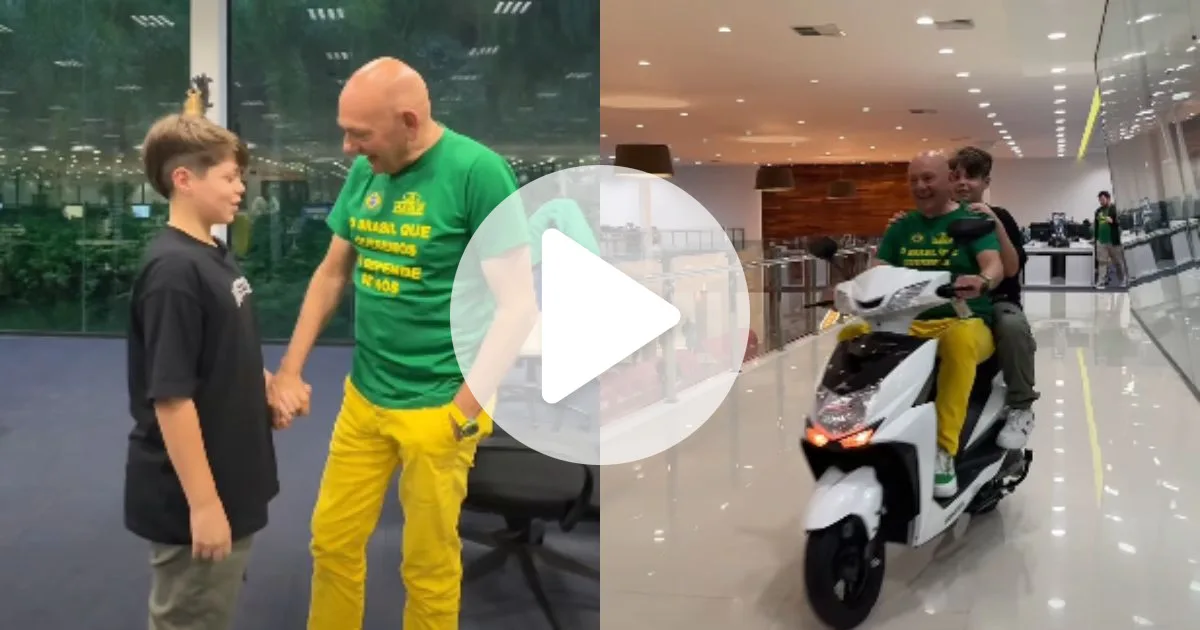 Fã mirim de 11 anos chora ao realizar sonho de conhecer Luciano Hang e ganha visita ao escritório da Havan com direito a volta de ‘motinha’ em SC