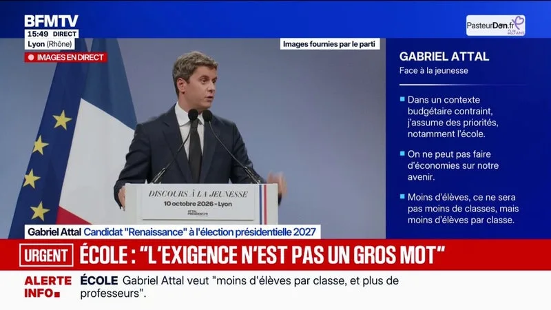 Présidentielle: "Si je suis élu, je donnerai cinq ans maximum à mon gouvernement pour adapter au changement climatique l'ensemble de nos établissements scolaires", promet Gabriel Attal, candidat "Renaissance"