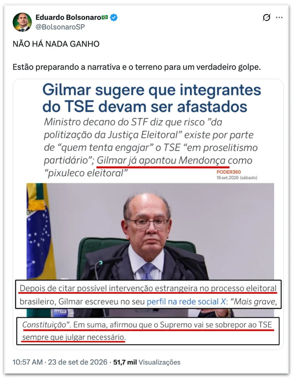 Eduardo reage a Gilmar e diz que há preparação para “verdadeiro golpe”
