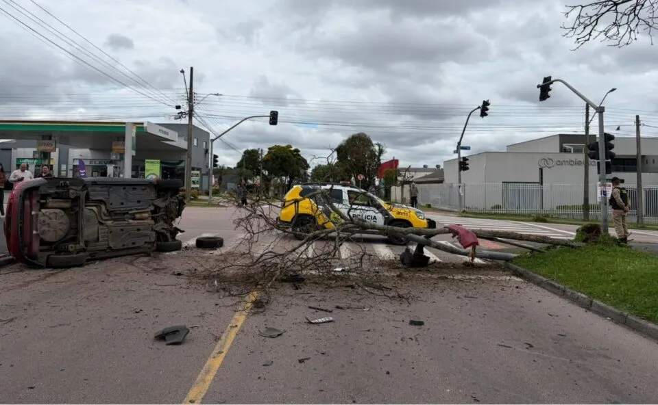 Motorista perde controle da direção, capota carro e derruba árvore e semáforo em Curitiba