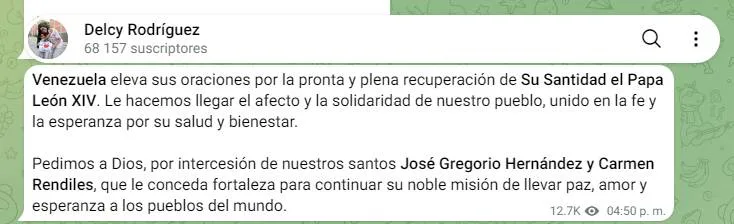 Delcy Rodríguez dice que ora por la salud del papa León XIV