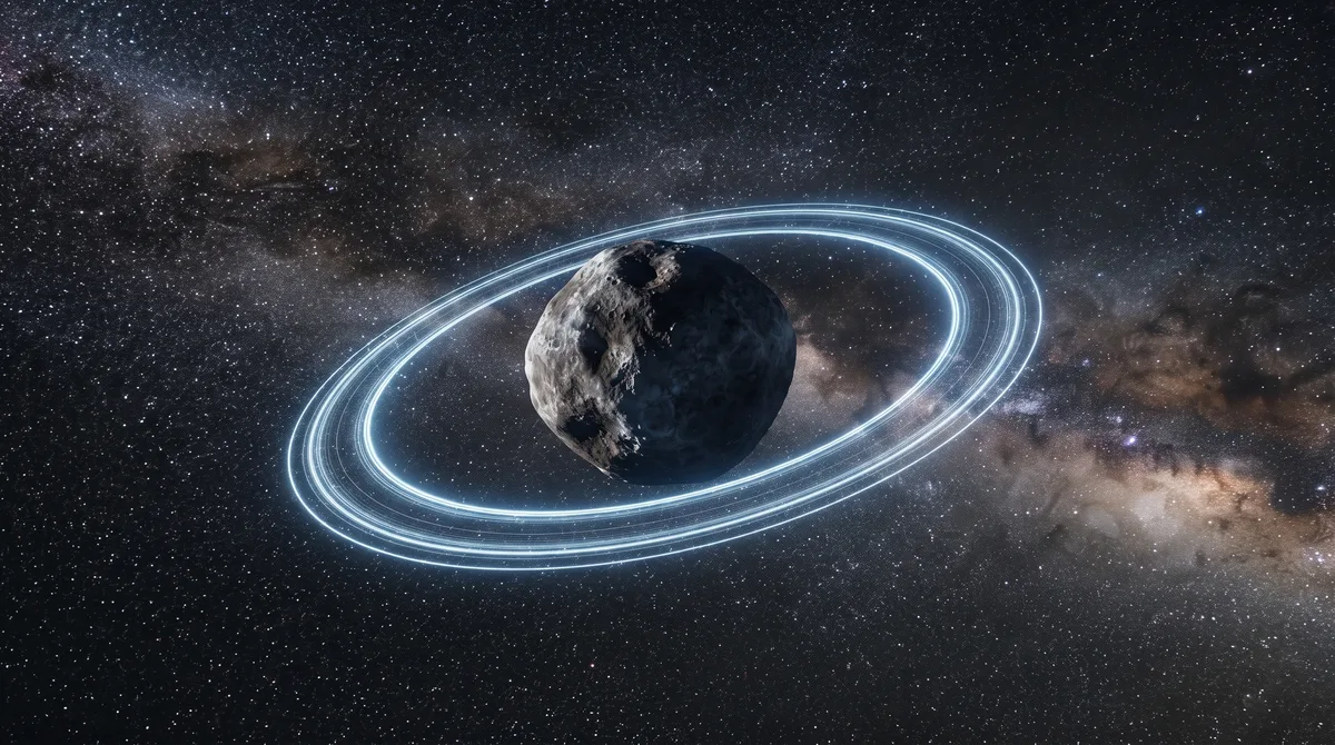 Anéis não são exclusividade de planetas gigantes: Chariklo, um corpo gelado com apenas cerca de 250 quilômetros de diâmetro menos do que a extensão da Tasmânia, possui dois anéis estreitos