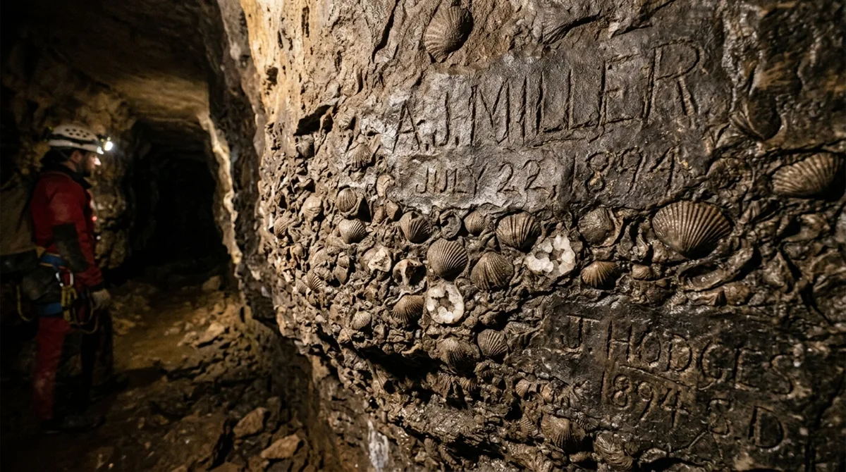 Uma caverna guarda centenas de fósseis marinhos numa faixa atravessada por grafites de exploradores de 1894, juntando dois registros separados por centenas de milhões de anos