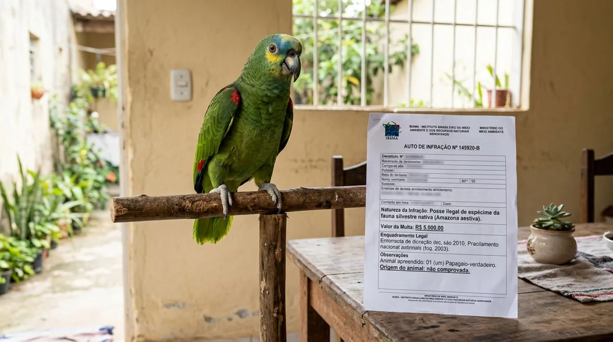 Família criava papagaio encontrado ainda filhote havia mais de 20 anos, fiscalização descobre e são multados em R$ 5 mil por posse ilegal de animal silvestre e pedem comprovação de origem do animal