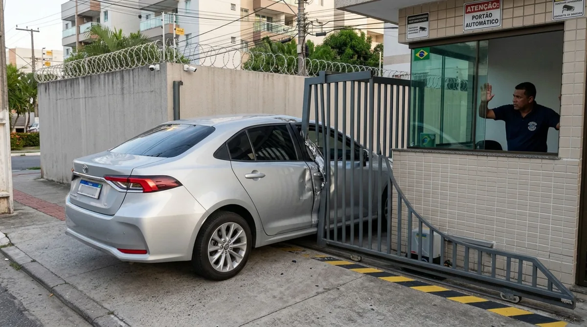 Visitante entra em uma garagem após a liberação do porteiro, tem o teto do carro atingido pelo portão e é acusado de avançar fora de hora, mas a avaliação do equipamento identifica uma falha no sensor usado para detectar veículos durante o fechamento