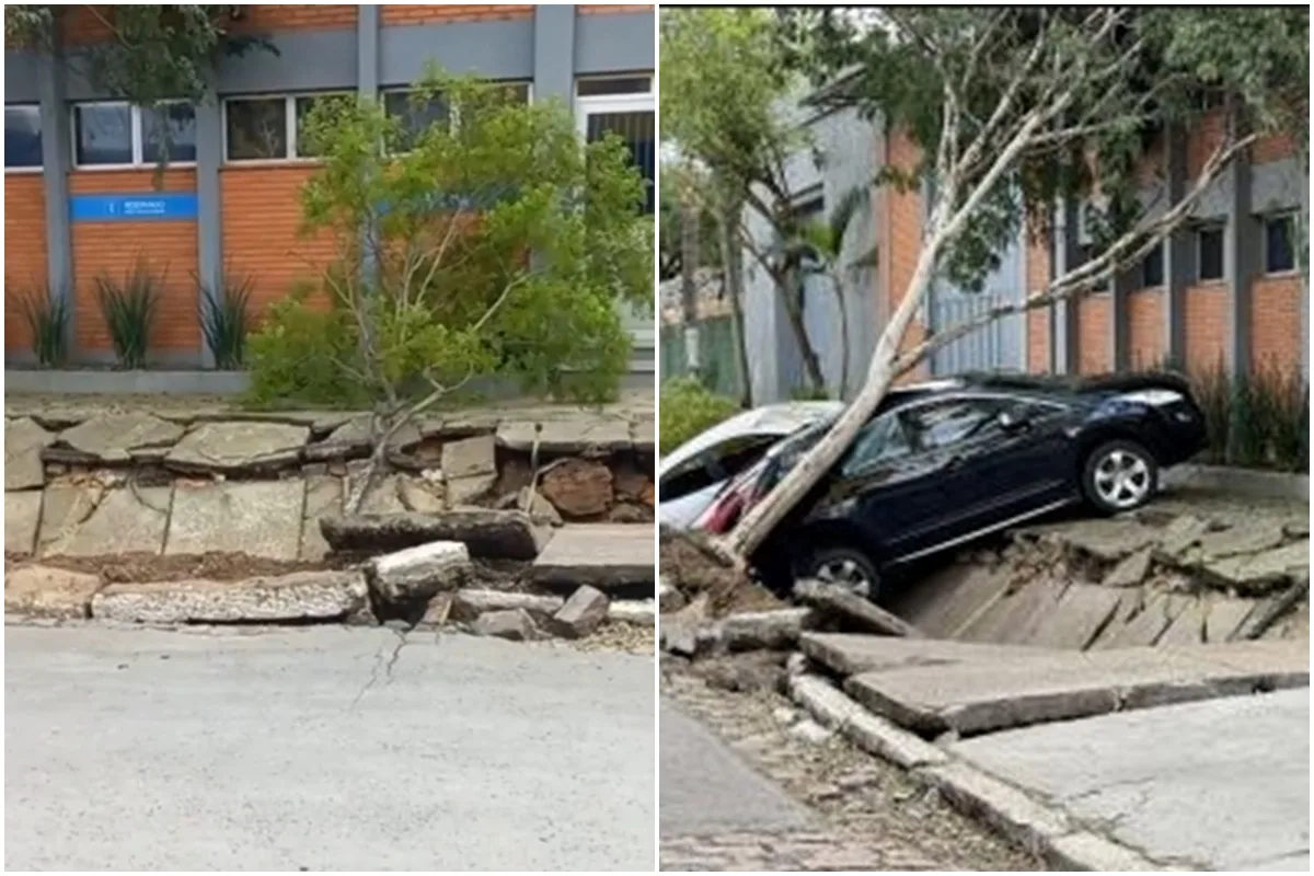 Calçada colapsa e "engole" três carros e duas árvores em Porto Alegre