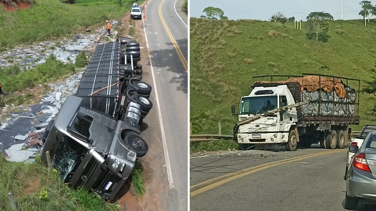 Caminhão com chapas de pedra tomba e derruba poste na ES 166, em Cachoeiro
