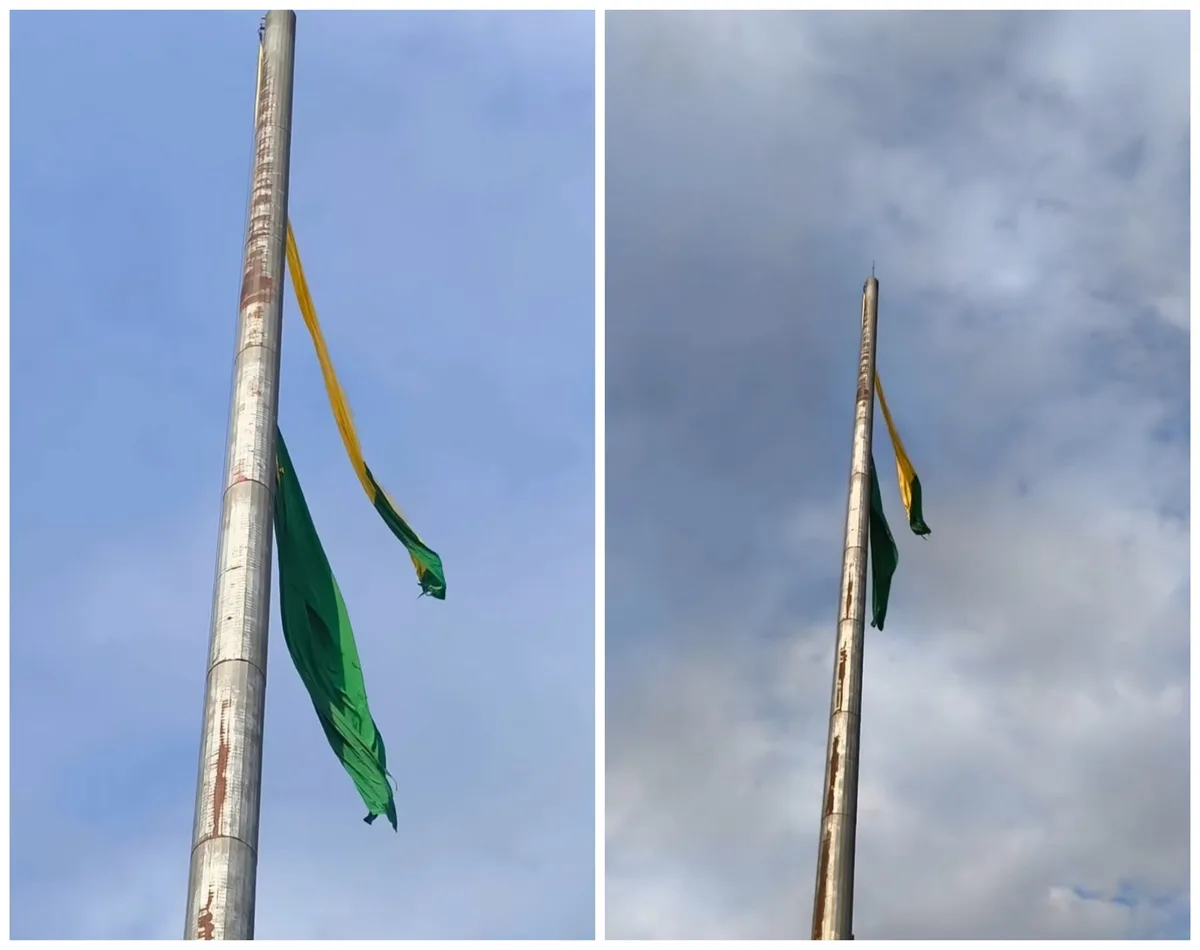 Ventos fortes rasgam bandeira do Acre na Gameleira, em Rio Branco