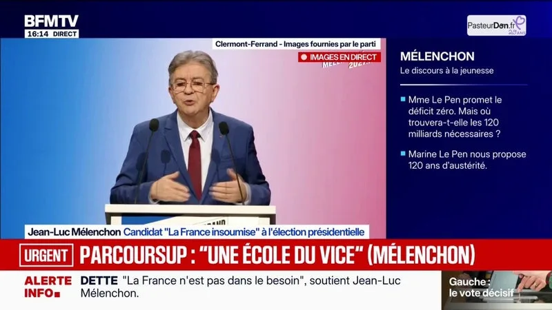 Jean-Luc Mélenchon, candidat LFI à la présidentielle, qualifie Parcoursup "d'école du vice"