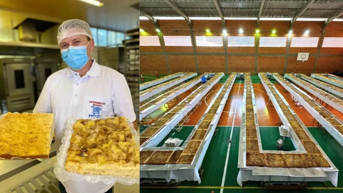 Criador da maior cuca do Brasil, de mais de uma tonelada e 201 metros, usa receita da avó e construiu a vida no bairro mais alemão de cidade de SC
