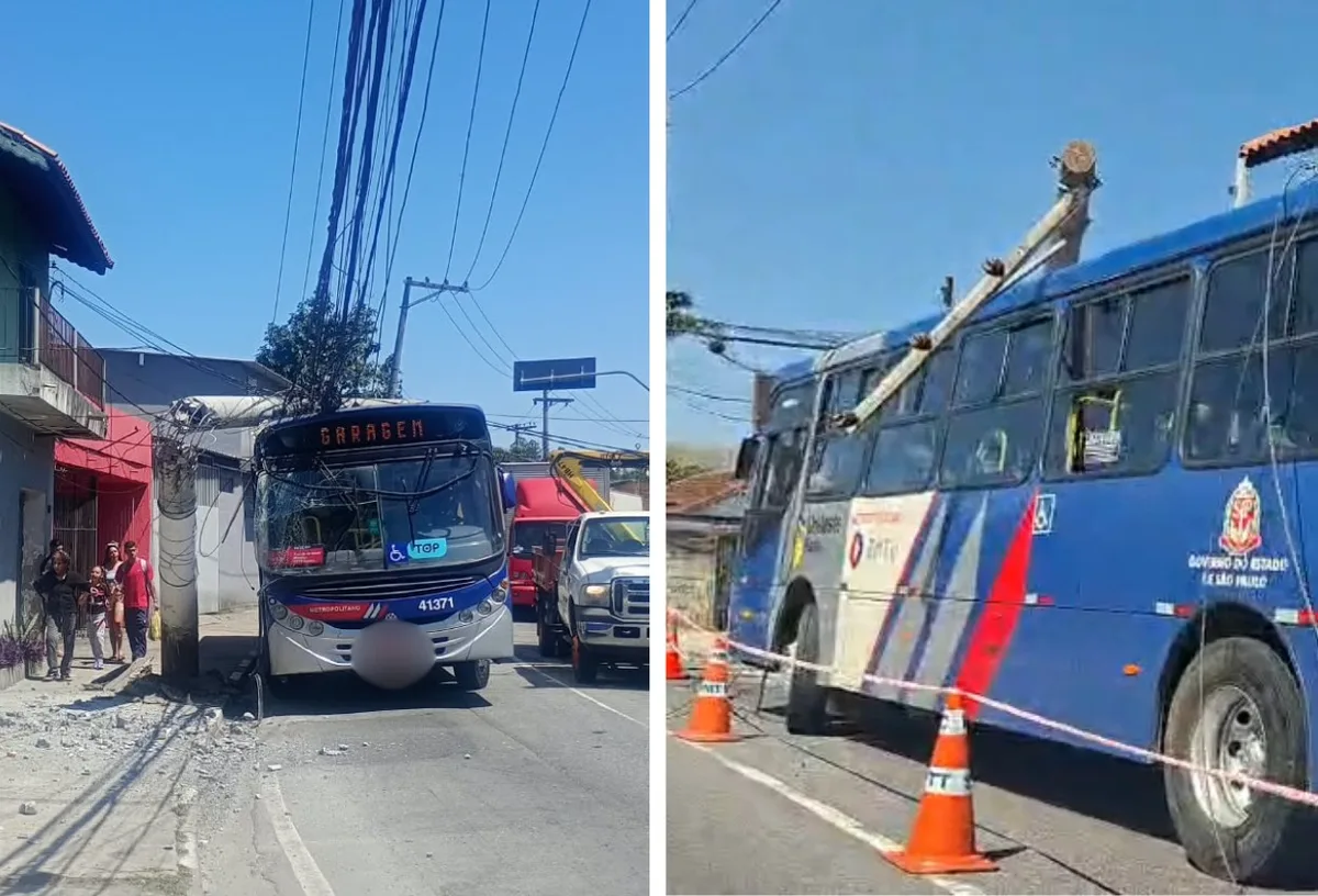 Ônibus intermunicipal bate e deixa poste partido ao meio na Via Perimetral, em Mogi das Cruzes