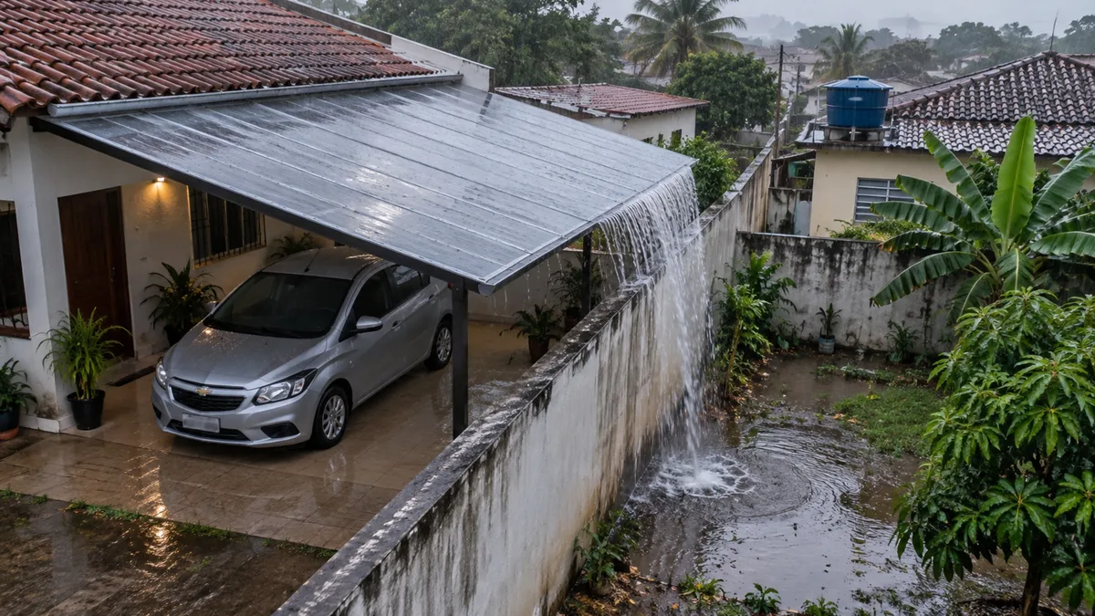 Casal instala uma cobertura sobre a garagem e vizinho reclama que a água da chuva passou a cair toda no quintal ao lado