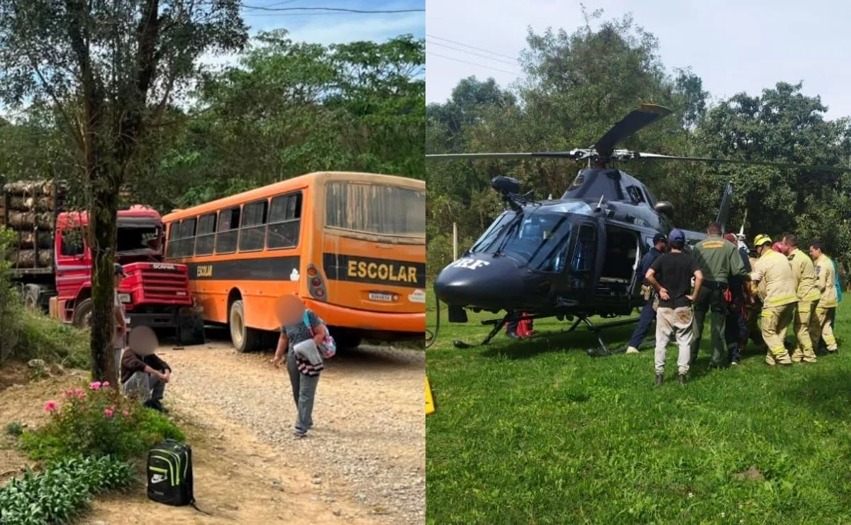 Acidente entre caminhão e ônibus escolar deixa cinco feridos, incluindo crianças, na Grande Curitiba; vídeo mostra resgate