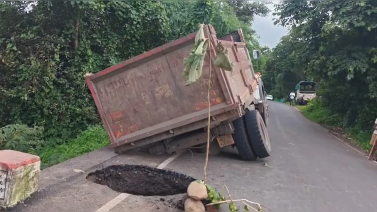 Road Built 3 Months Ago For Rs 18 Crore Caves In, Truck Gets Stuck