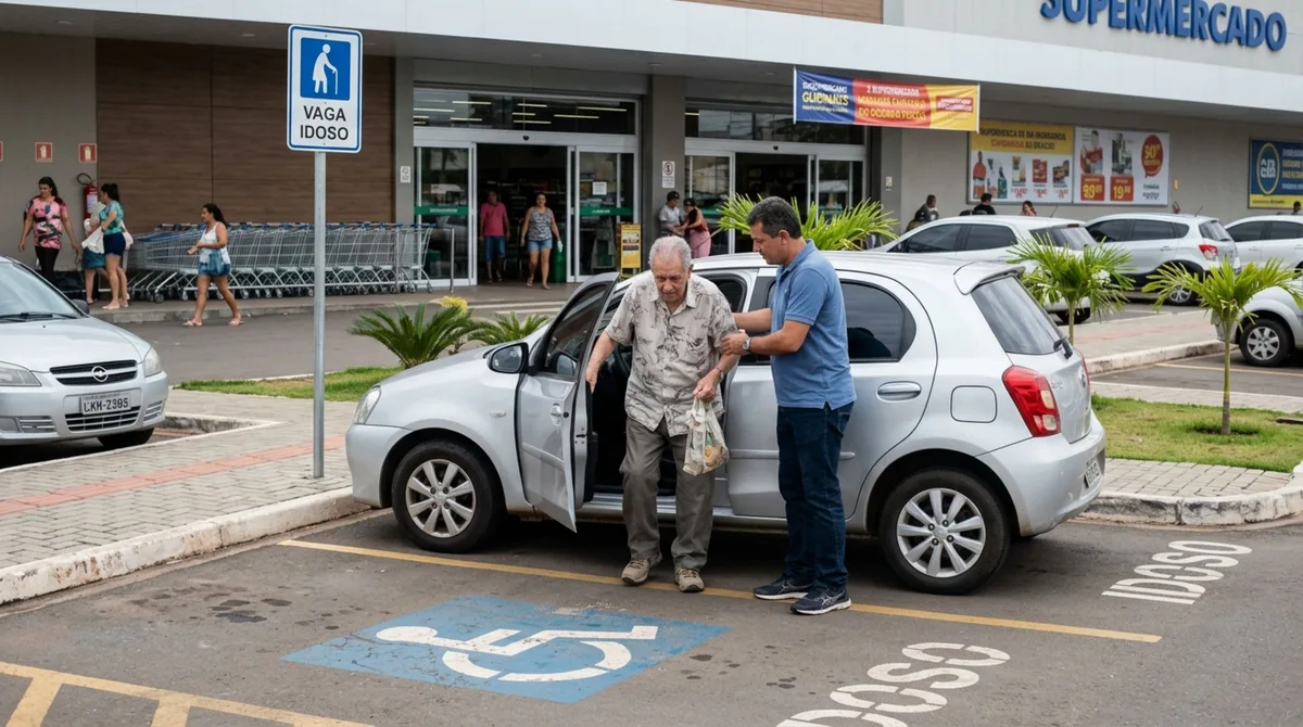 Motorista leva o pai idoso ao supermercado, estaciona em uma vaga reservada e descobre que a idade do passageiro, sozinha, não substitui as exigências de identificação para utilizar o espaço