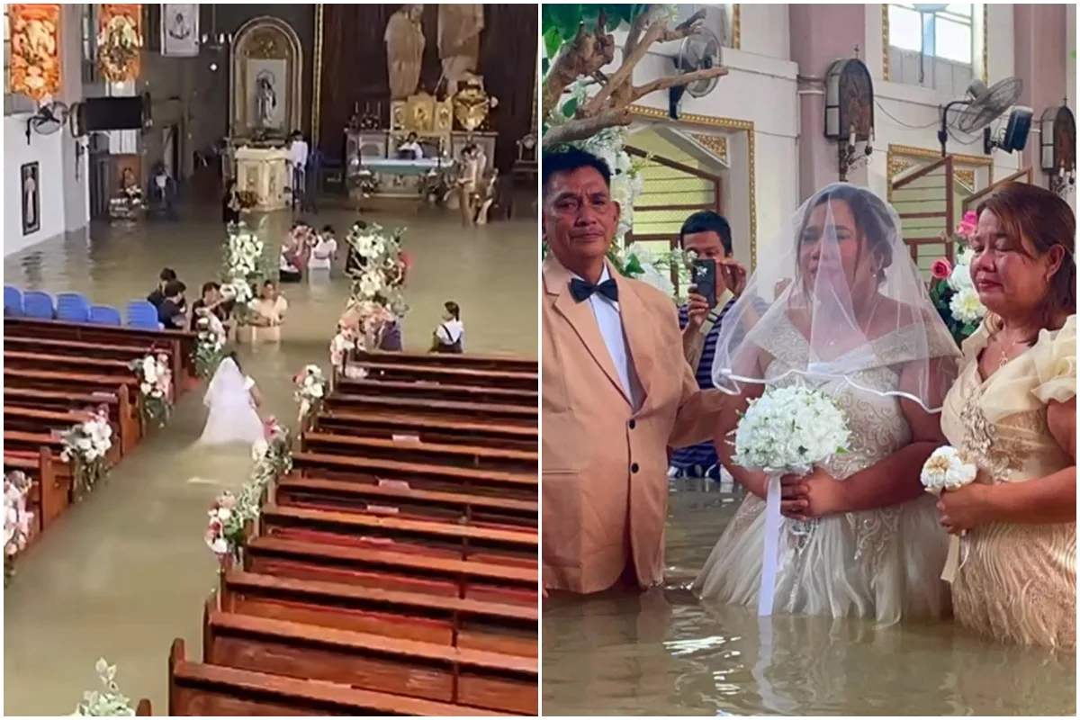 Noivos se casam com água turva na cintura em igreja inundada após enchentes