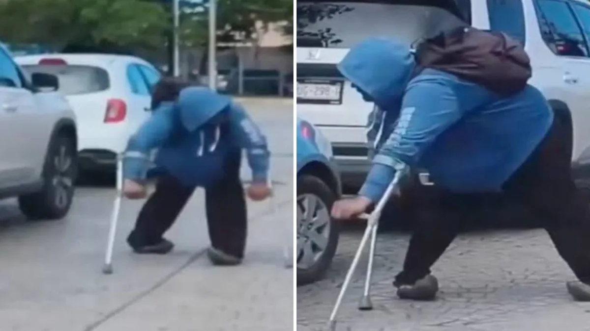Exhiben a presunto falso discapacitado en Cancún: lo captan con muletas y después caminando con normalidad