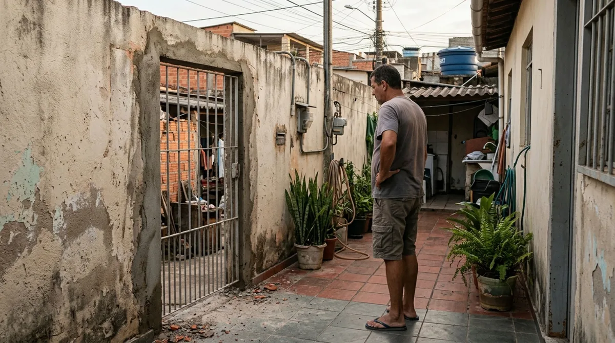 Morador volta para casa e descobre que o vizinho abriu um portão no muro compartilhado para acessar o corredor lateral, exige o fechamento e contesta a alegação de passagem antiga
