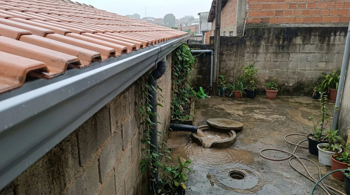 Dono de casa instala calha nova para acabar com goteiras e vizinho percebe que a saída foi ligada clandestinamente ao seu encanamento