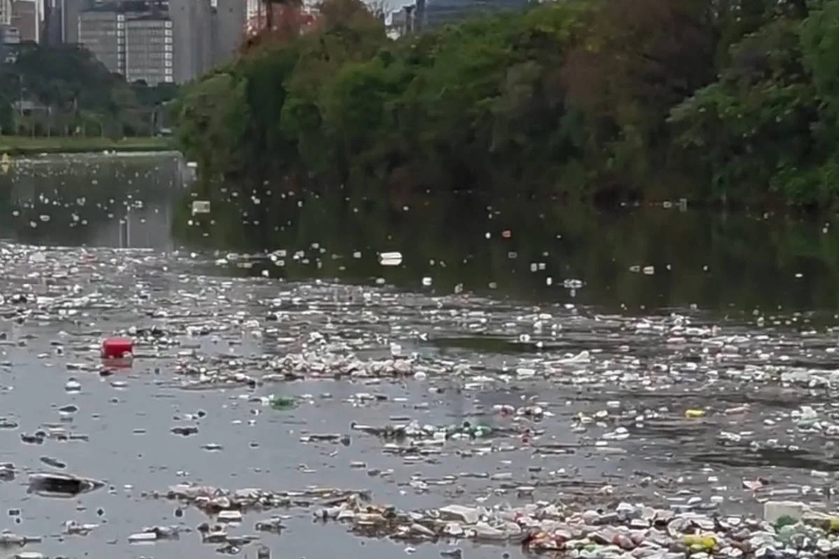 Grande volume de lixo flutuando no rio Pinheiros chama atenção após forte chuva em SP