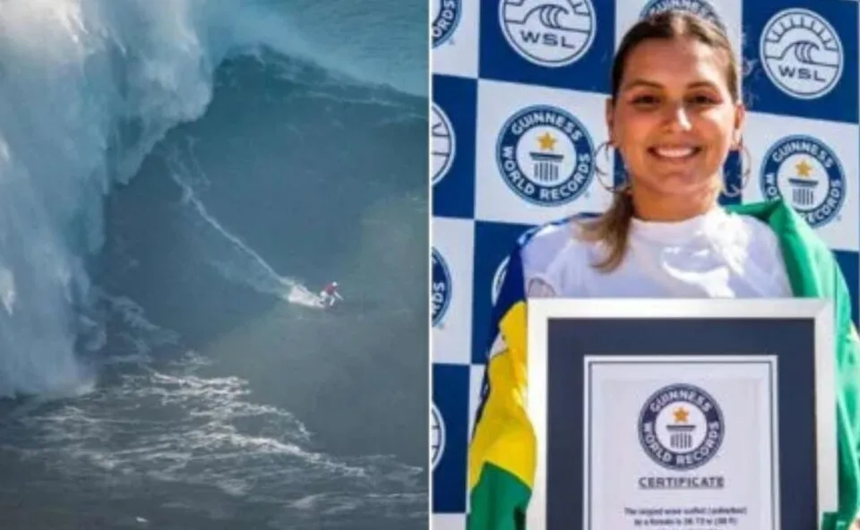 Aos 33 anos, brasileira surfa onda de 22 metros, do tamanho de um prédio de sete andares, e quebra recorde no Guinness