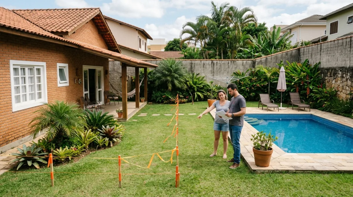 Família compra casa com ampla área externa, investe em piscina e jardim e, ao trocar a cerca, descobre que o espaço usado há anos era maior que o registrado no imóvel