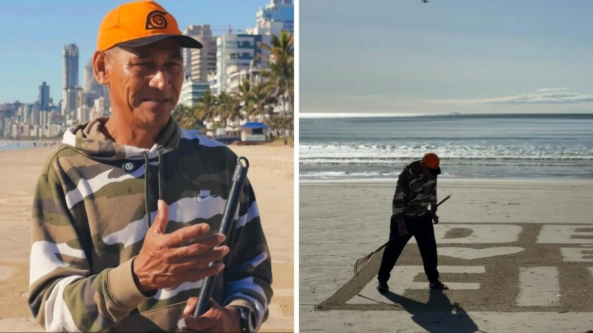 ‘Eu faço de coração’: homem escreve mensagens de fé na areia de praia supervalorizada de SC