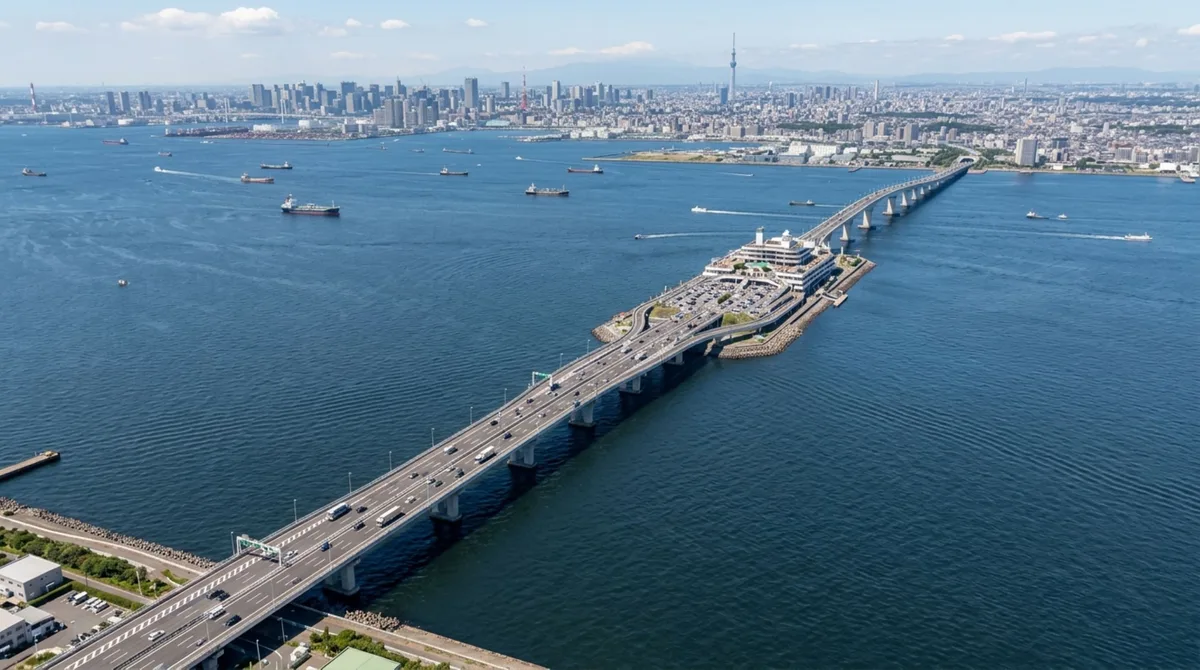 Sobre uma baía japonesa, uma ligação rodoviária começa como ponte, desaparece dentro do mar por vários quilômetros e volta à superfície em uma ilha artificial construída especificamente para conectar os dois trechos