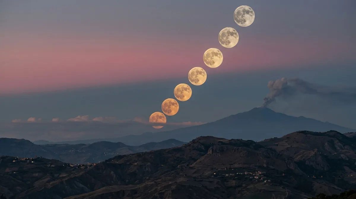 A Lua cheia surgiu atrás do Etna em erupção, enquanto uma faixa rosa no céu transformou a mesma fotografia em aula de vulcão e atmosfera