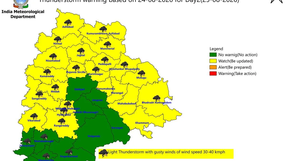 Thunderstorm forecast in 24 Telangana districts on August 25