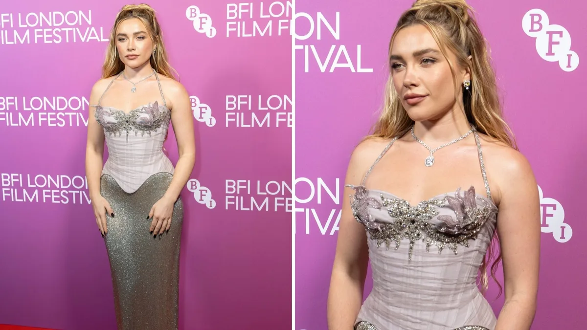 Florence Pugh deslumbró en Londres con un vestido corsé y falda metálica de impacto
