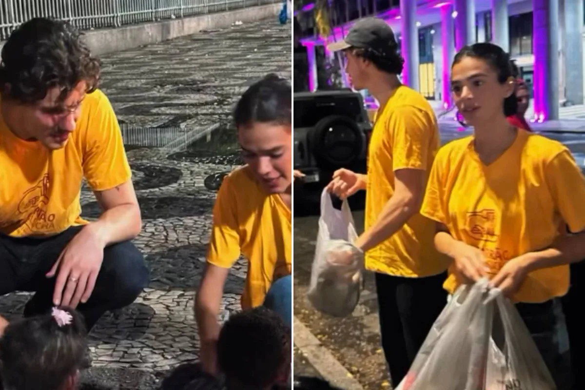 Bruna Marquezine e Shawn Mendes distribuem marmitas nas ruas do Rio de Janeiro
