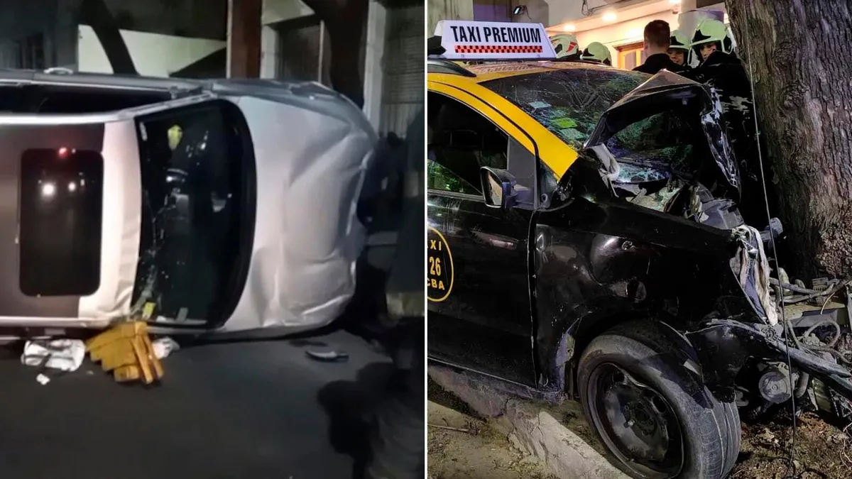 Mañana accidentada en la Ciudad de Buenos Aires: un taxi destrozado, un auto volcado y varios heridos