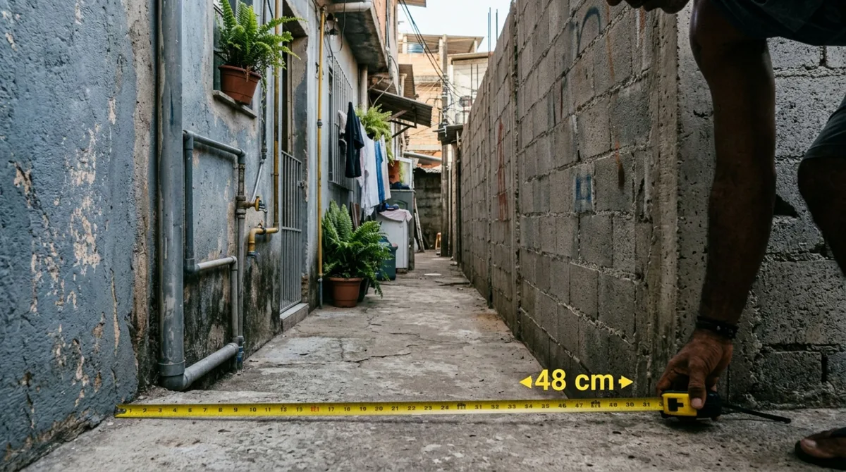 Casal compra casa com corredor lateral externo estreito e depois descobre que parte dele está ocupada pela construção vizinha, vendedor e vizinho discordam sobre a divisa
