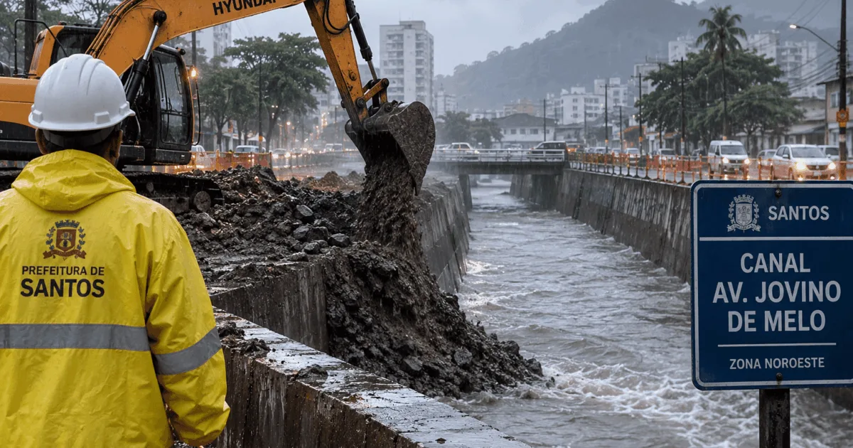 Santos retira aterro de obra para ampliar vazão de canal durante fortes chuvas