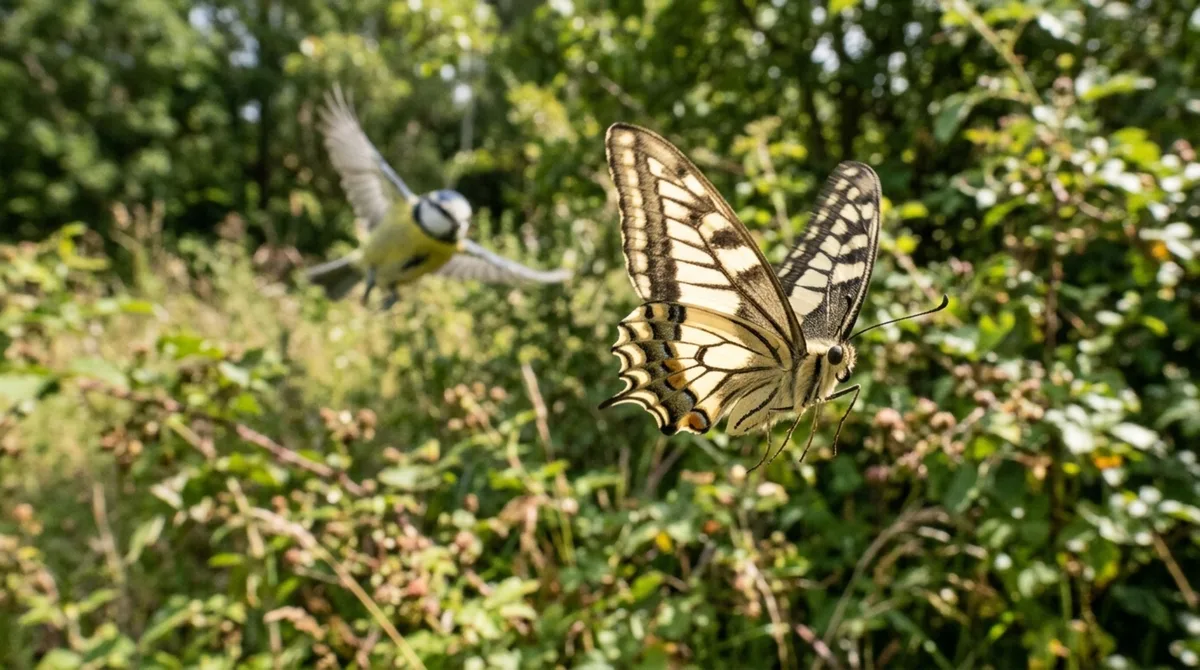 A borboleta deixa o pássaro mirar no lugar errado e escapa porque desenhos nas asas funcionam como uma ilusão óptica em movimento