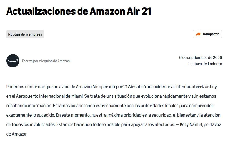 Habló Amazon tras el despiste de un avión de carga en el aeropuerto de Miami