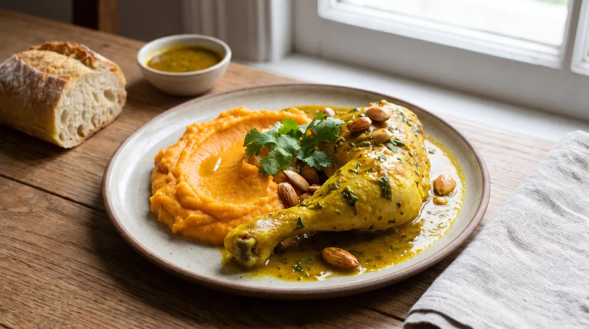 Receta de pollo a la cúrcuma con puré de batata, rápida y fácil