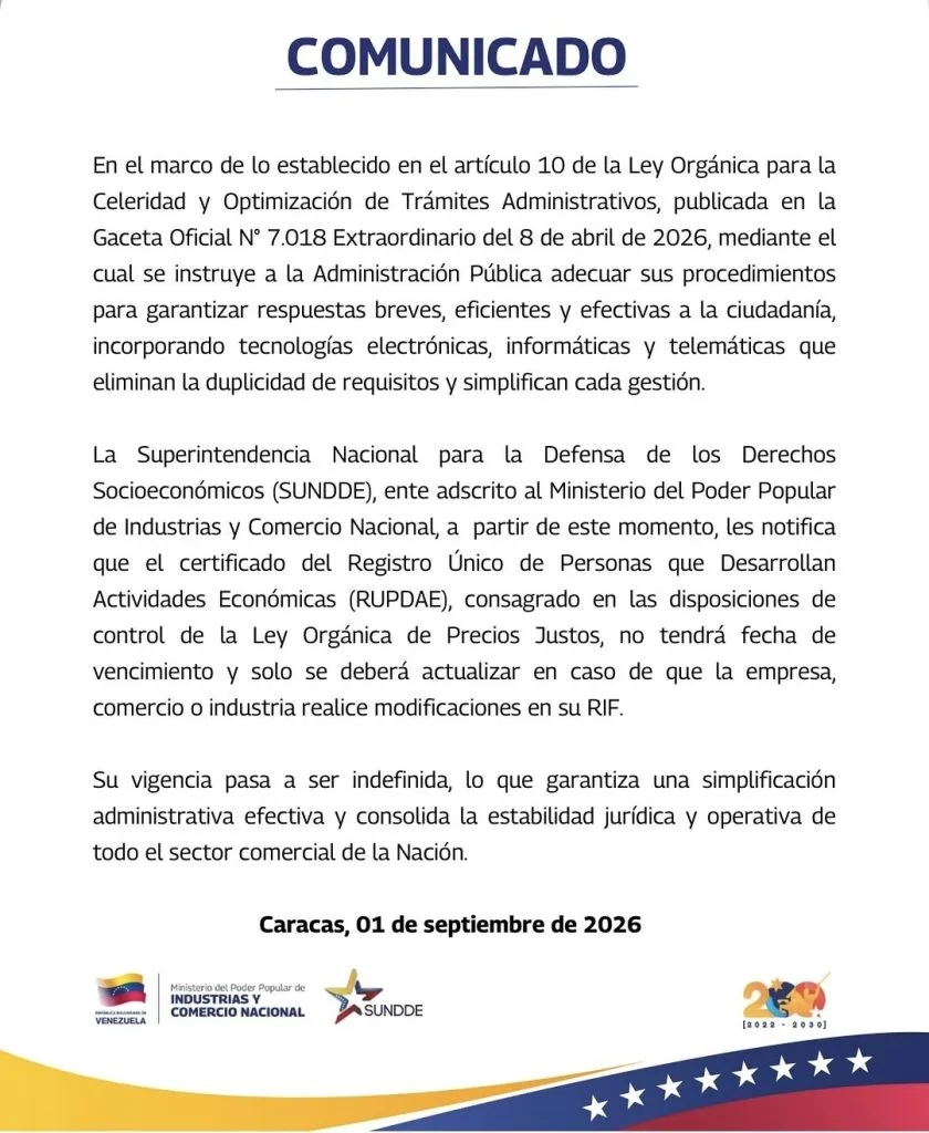 Sundde: Registro Único de Personas que Desarrollan Actividades Económicas no tendrá fecha de vencimiento