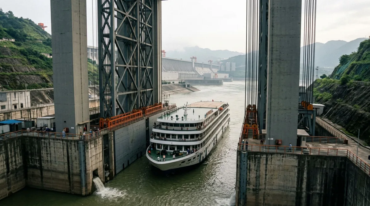Em uma enorme barragem chinesa, um elevador consegue levantar um navio de até 3.000 toneladas por uma diferença vertical de 113 metros e reduzir uma passagem que levaria horas para cerca de 40 minutos