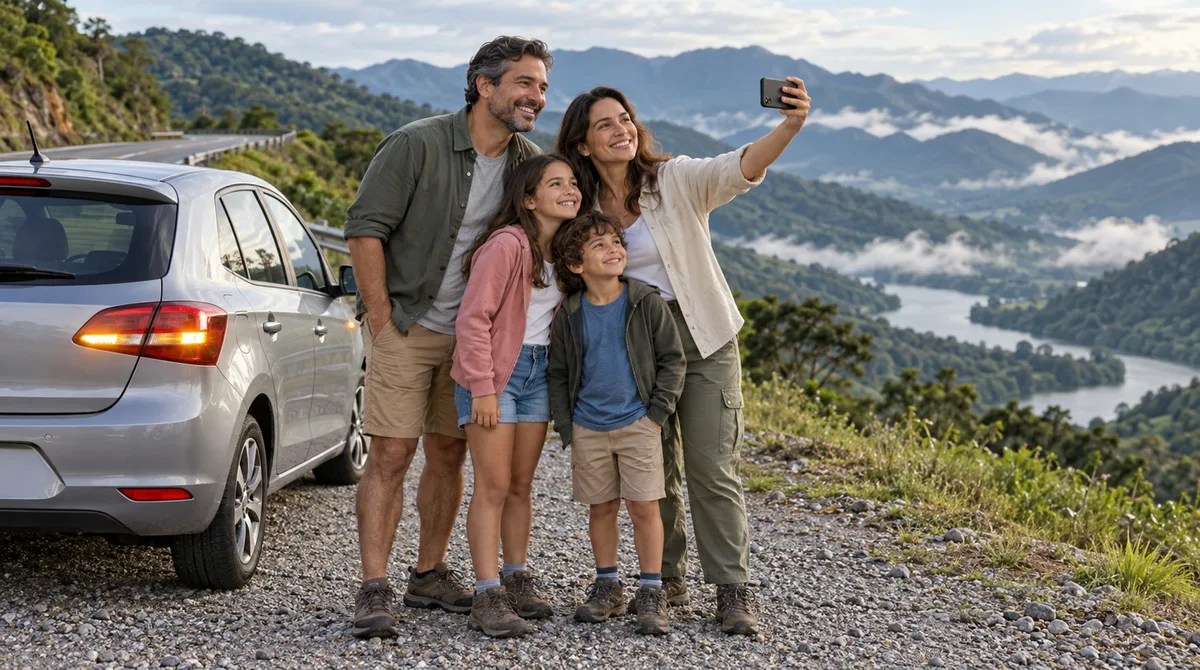 Família para no acostamento para tirar foto de uma paisagem na serra e descobre por que a parada sem emergência é infração mesmo com o pisca-alerta ligado