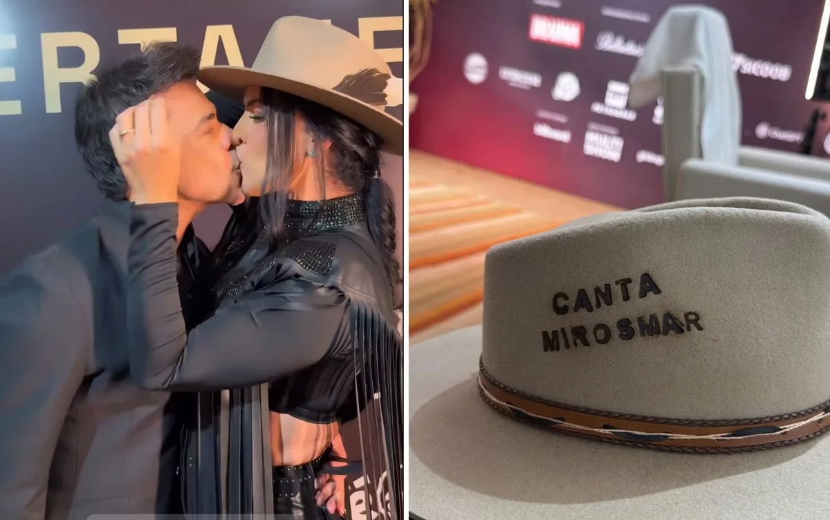 Graciele Lacerda faz homenagem ao marido Zezé em chapéu personalizado e ganha beijão em Barretos, SP