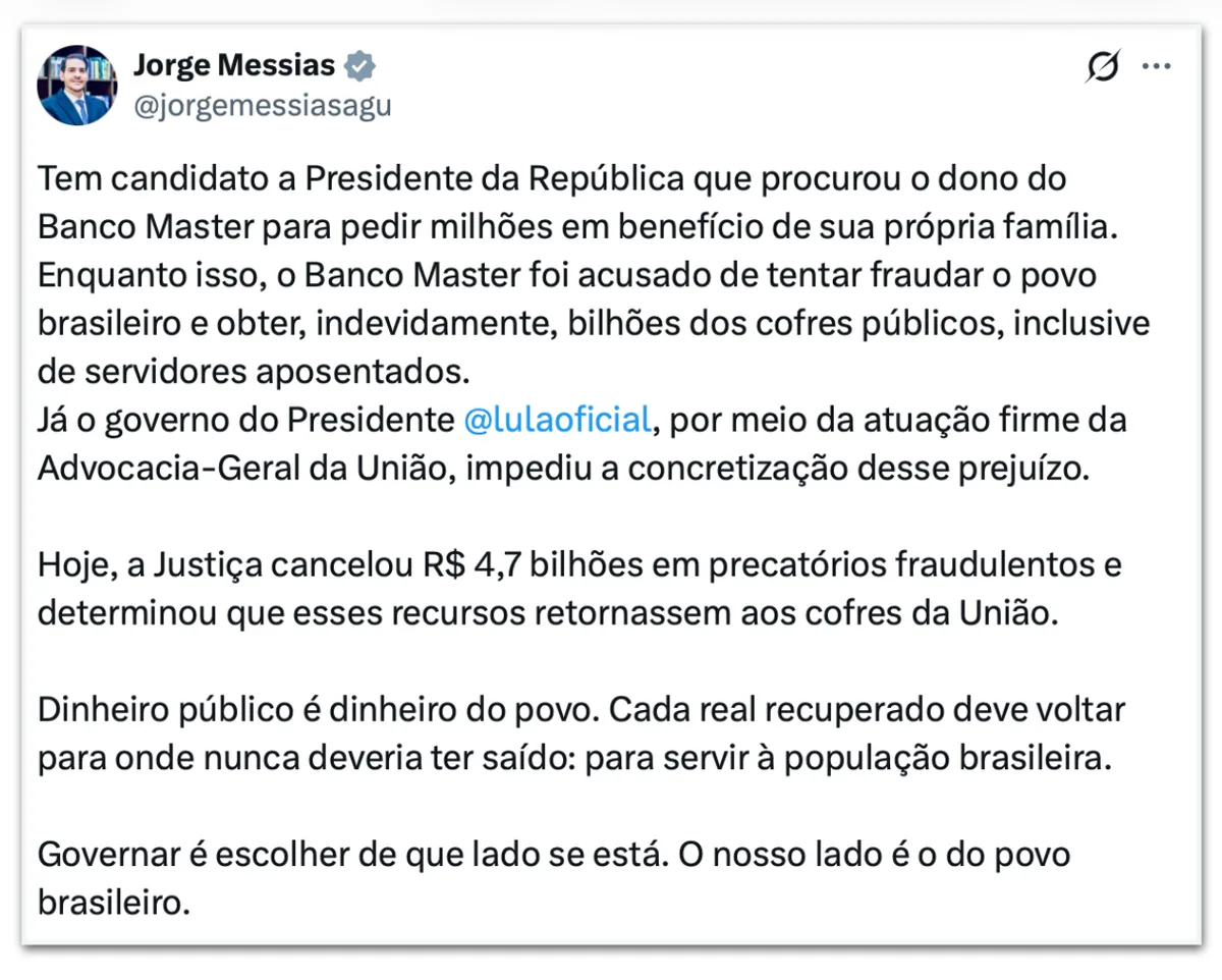 Messias usa decisão sobre precatórios do Master para criticar Flávio